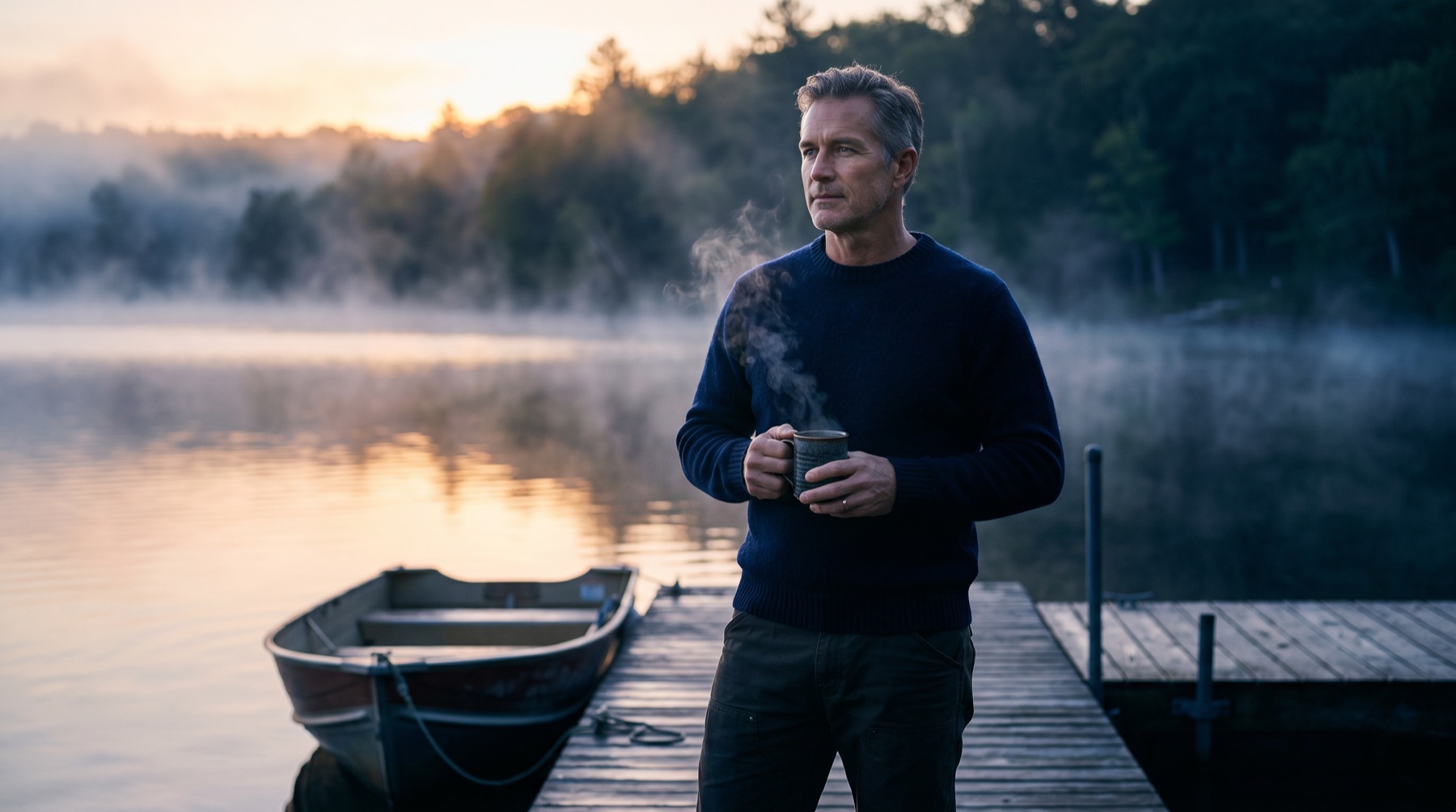 Man in his 50s on a lake dock at sunrise holding a steaming mug, clear-eyed and rested