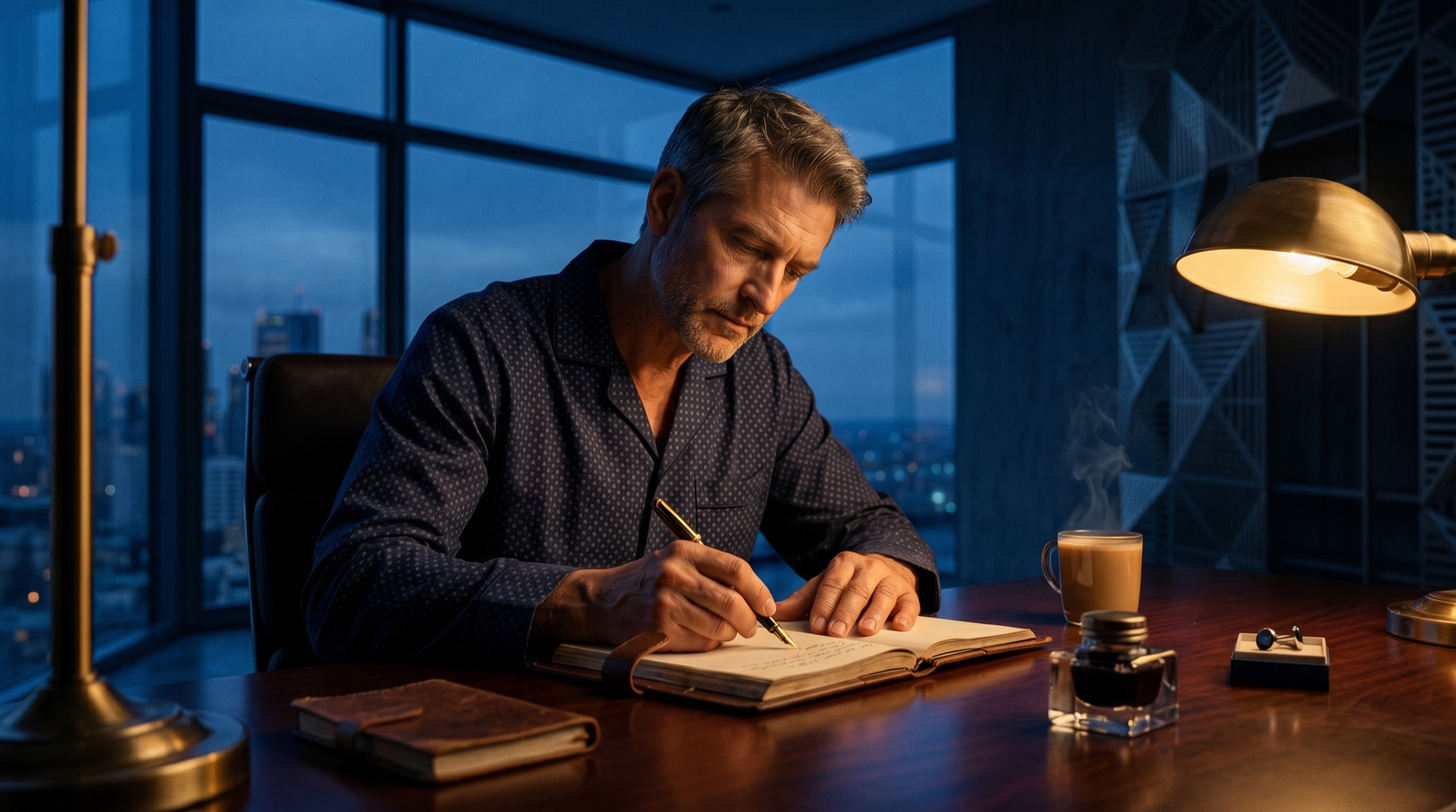 Man in his late 50s writing with a fountain pen in a leather journal at dusk
