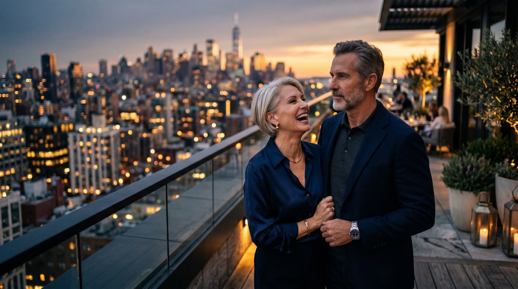 Couple in their 50s on a rooftop terrace at dusk, she is laughing and looking at him