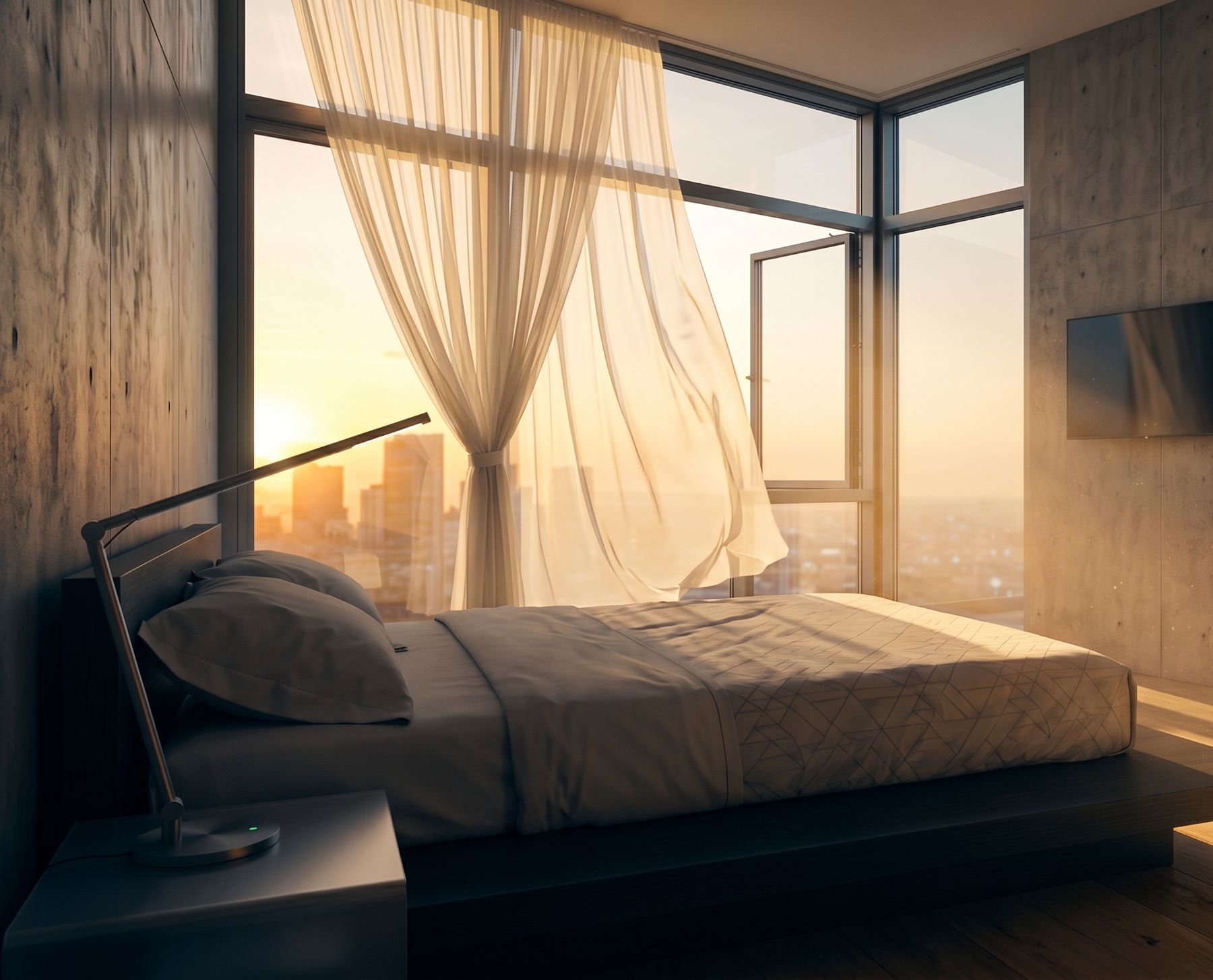 Morning sun streaming through an open window and sheer curtain onto a wood floor