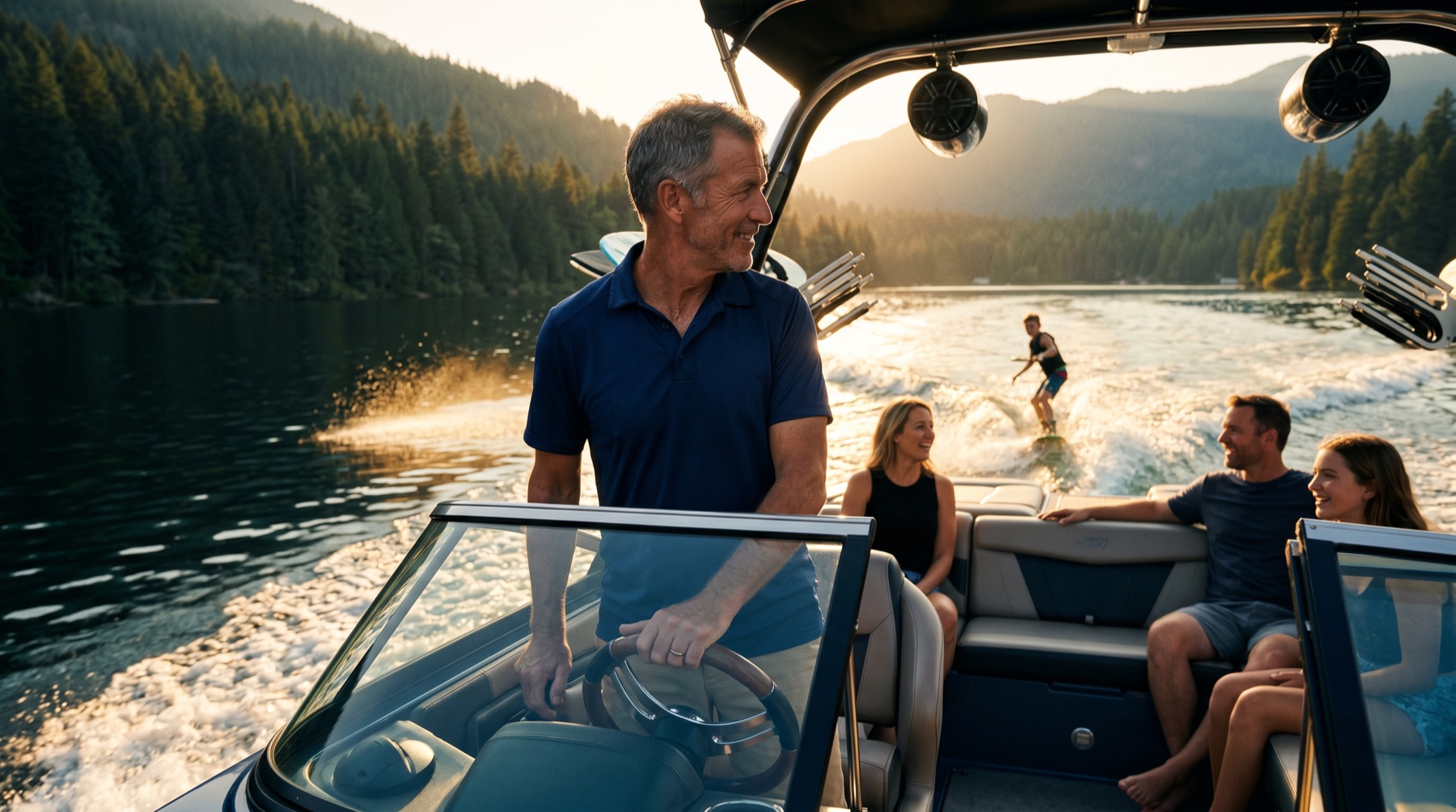 Man in his 60s at the helm of a wakeboard boat at golden hour, glancing back at his grandson riding the wake, three generations aboard