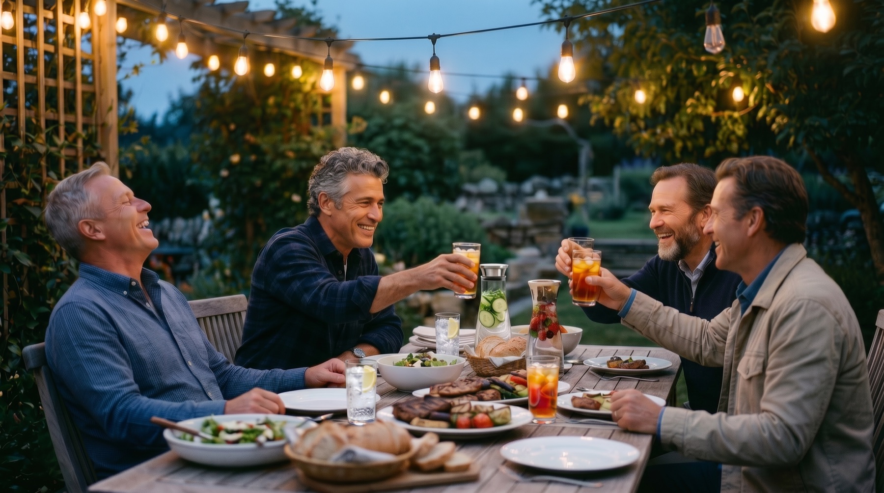 Four men in their 50s and 60s laughing around an outdoor dinner table at dusk