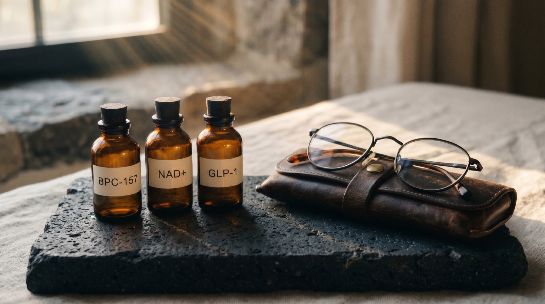 Amber vials labeled BPC-157, NAD+ and GLP-1 beside reading glasses on dark stone