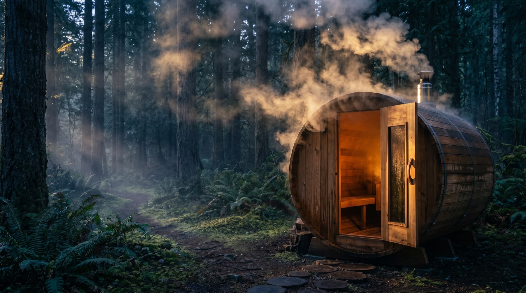 Steam rising from a cedar barrel sauna at dawn in a forest, warm glow inside