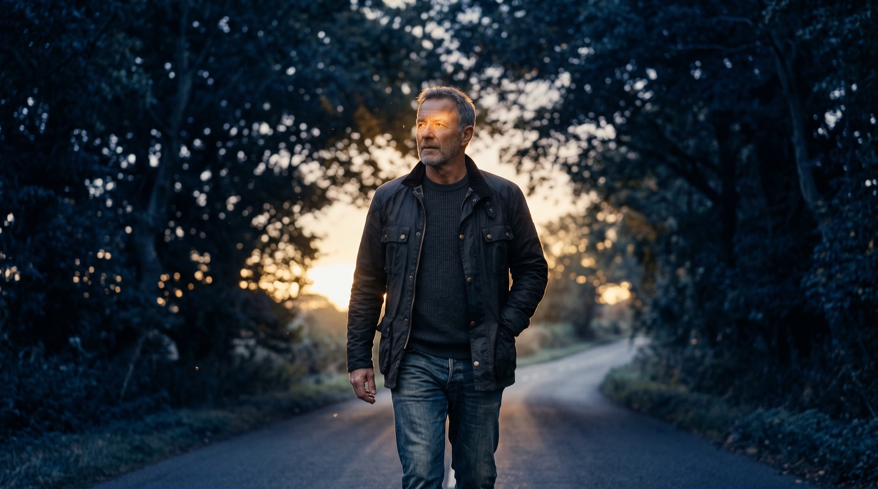 Man in his 50s walking at dawn on a quiet tree-lined road, first light on his face