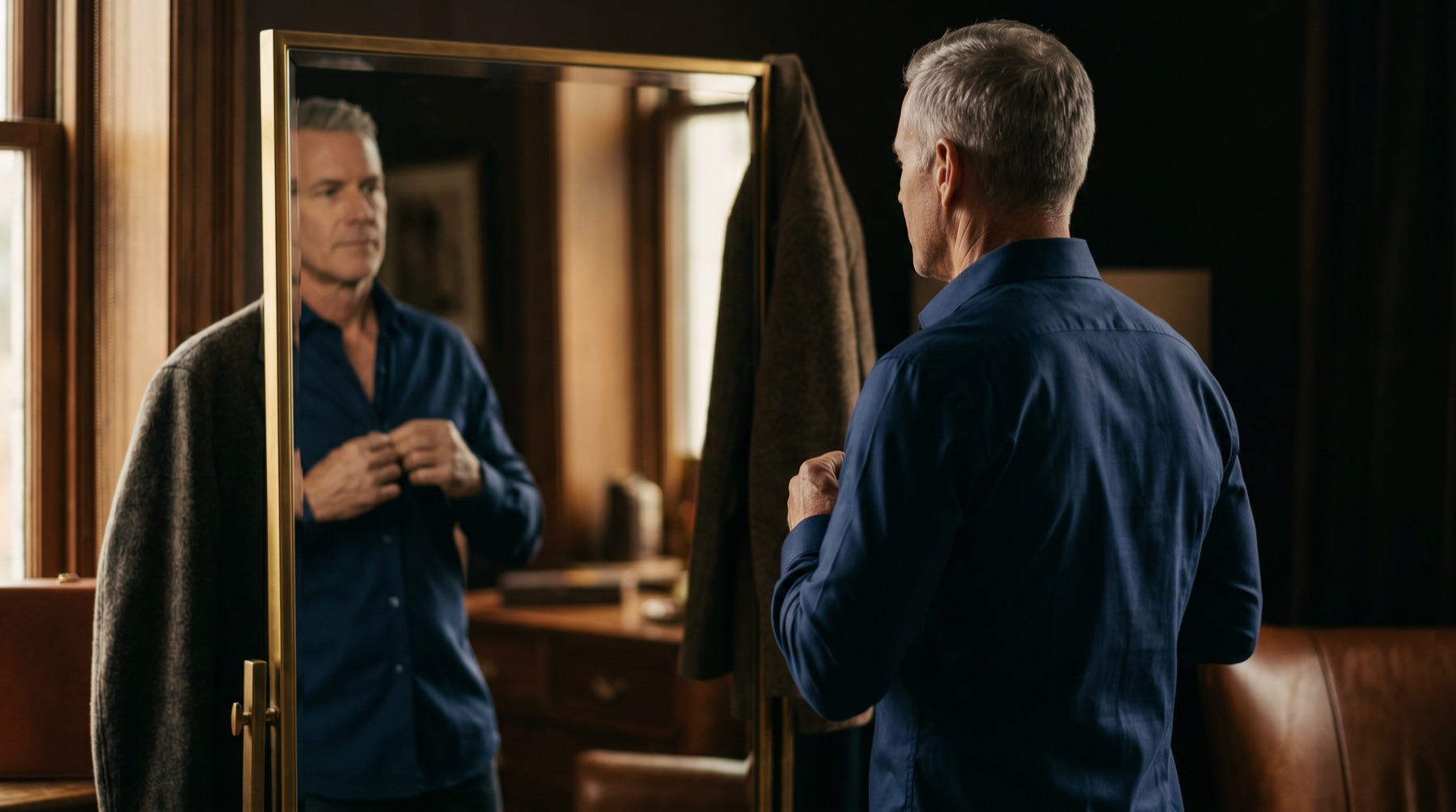 Man in his late 50s buttoning a tailored navy shirt in front of a gold-framed mirror