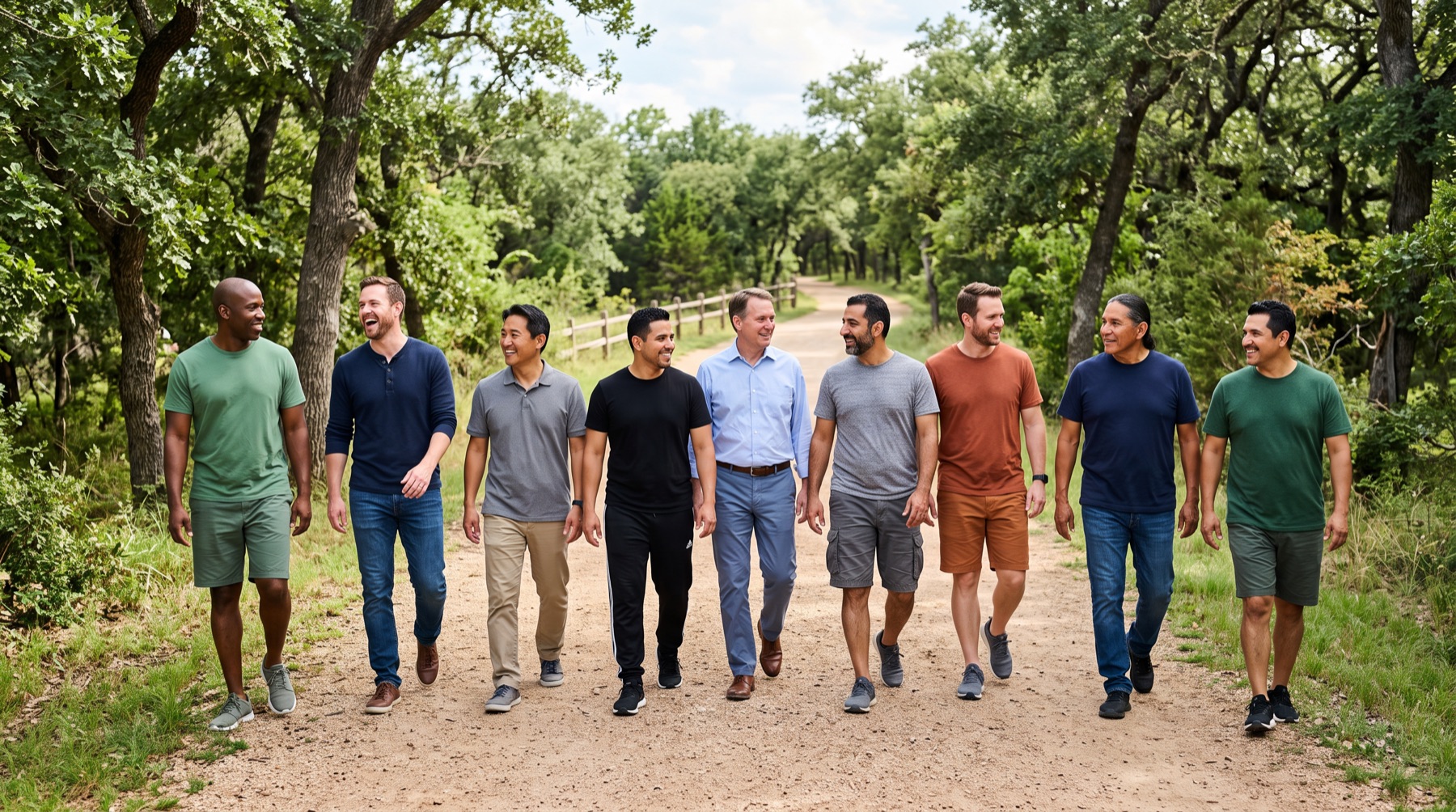 Nine men, mid-thirties to mid-fifties, walking a tree-lined trail together
